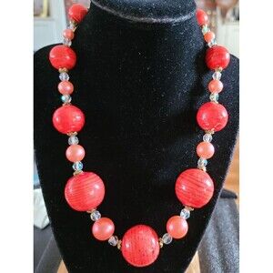 Vintage Western Germany Single Strand  Necklace Peach Color Beads & Crystals
